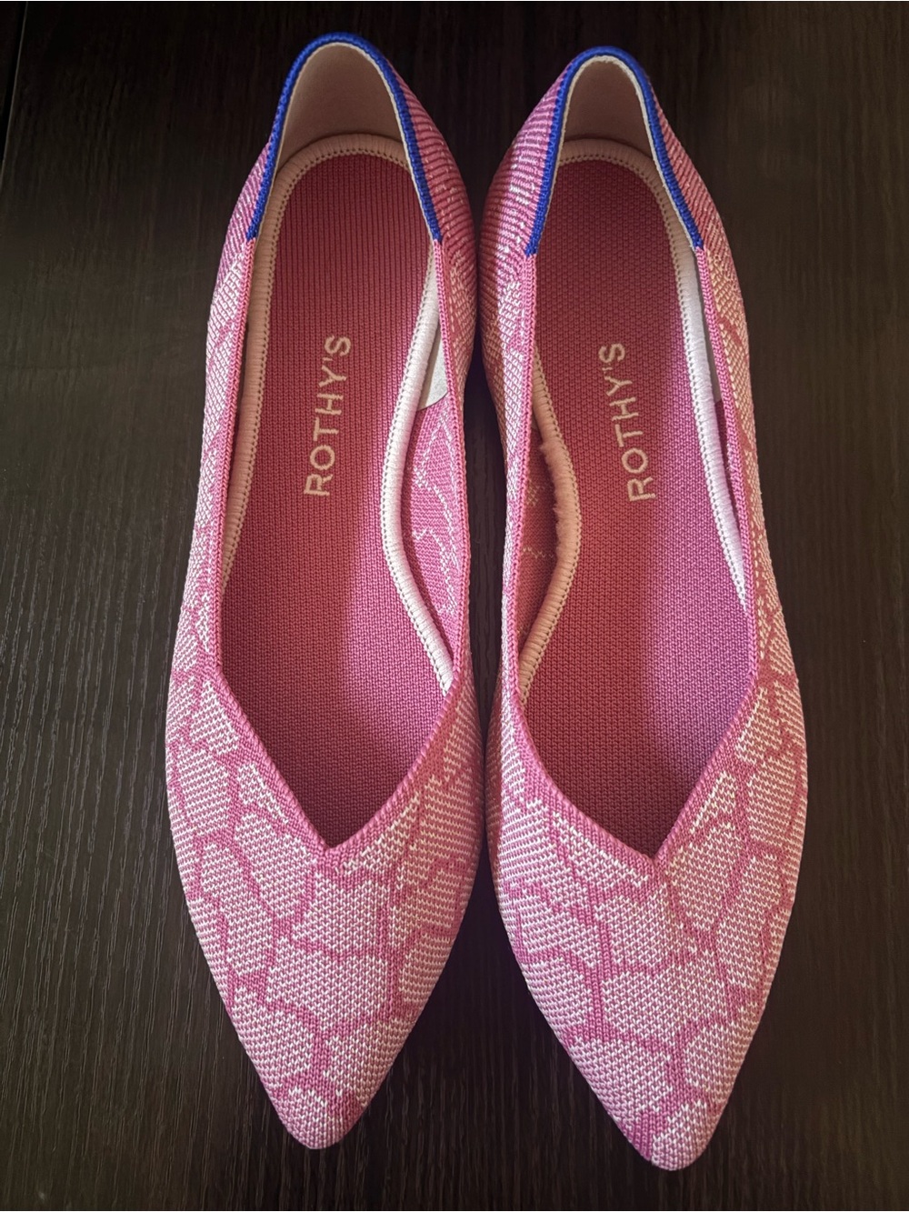 Rothy's Pink Pointed Knit Flats with Blue Trim